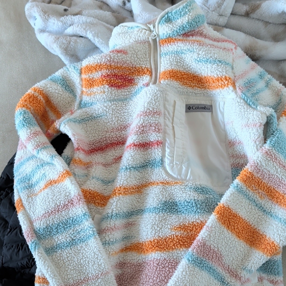 Columbia Striped Fleece Pullover in Orange and Blue